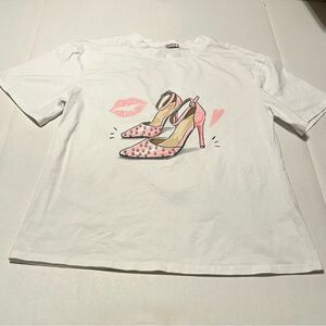 Why Dress Women Size Small White Short Sleeve Shirt Top Blouse Pink Heels Pearls